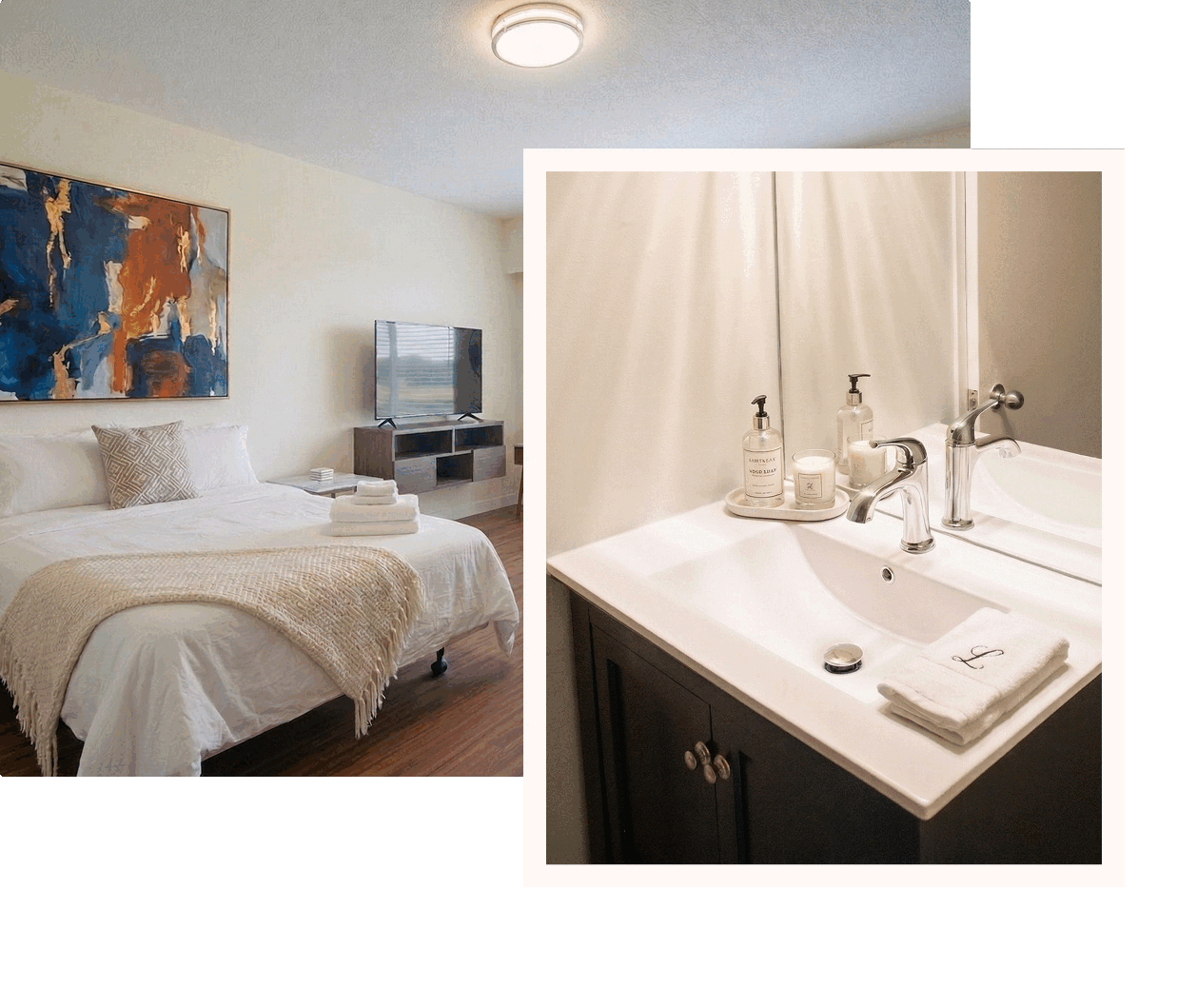A Luminaire studio bedroom alongside its modern furnished bathroom